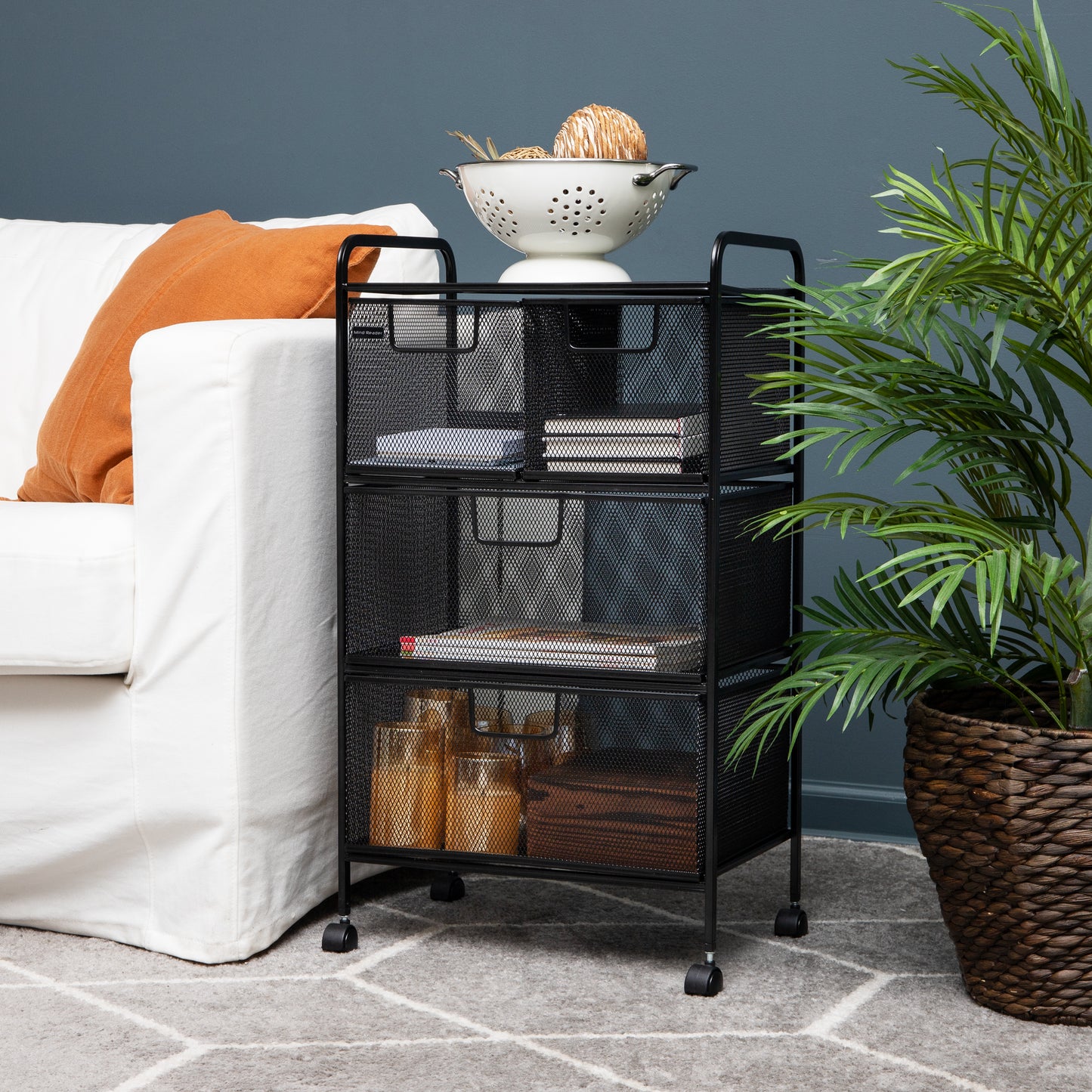 Mind Reader Cart with Drawers, Multipurpose Office Organizer, Utility Cart, Rolling Storage, Metal Mesh, Black