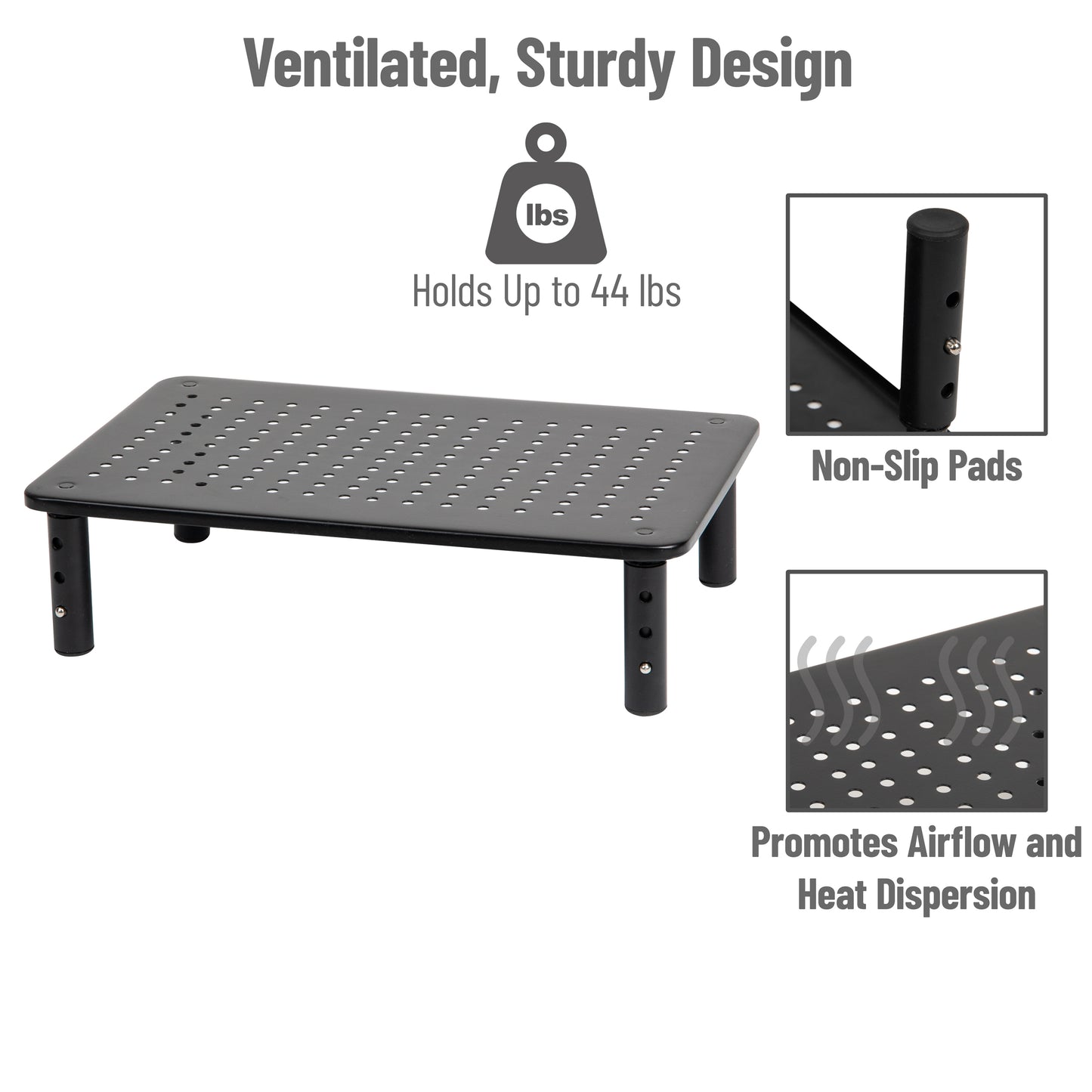 Mind Reader Monitor Stand, Height Adjustable, Ventilated Laptop Riser, Office, Metal, 14.5"L x 9.25"W x 4-5.5"H, Black