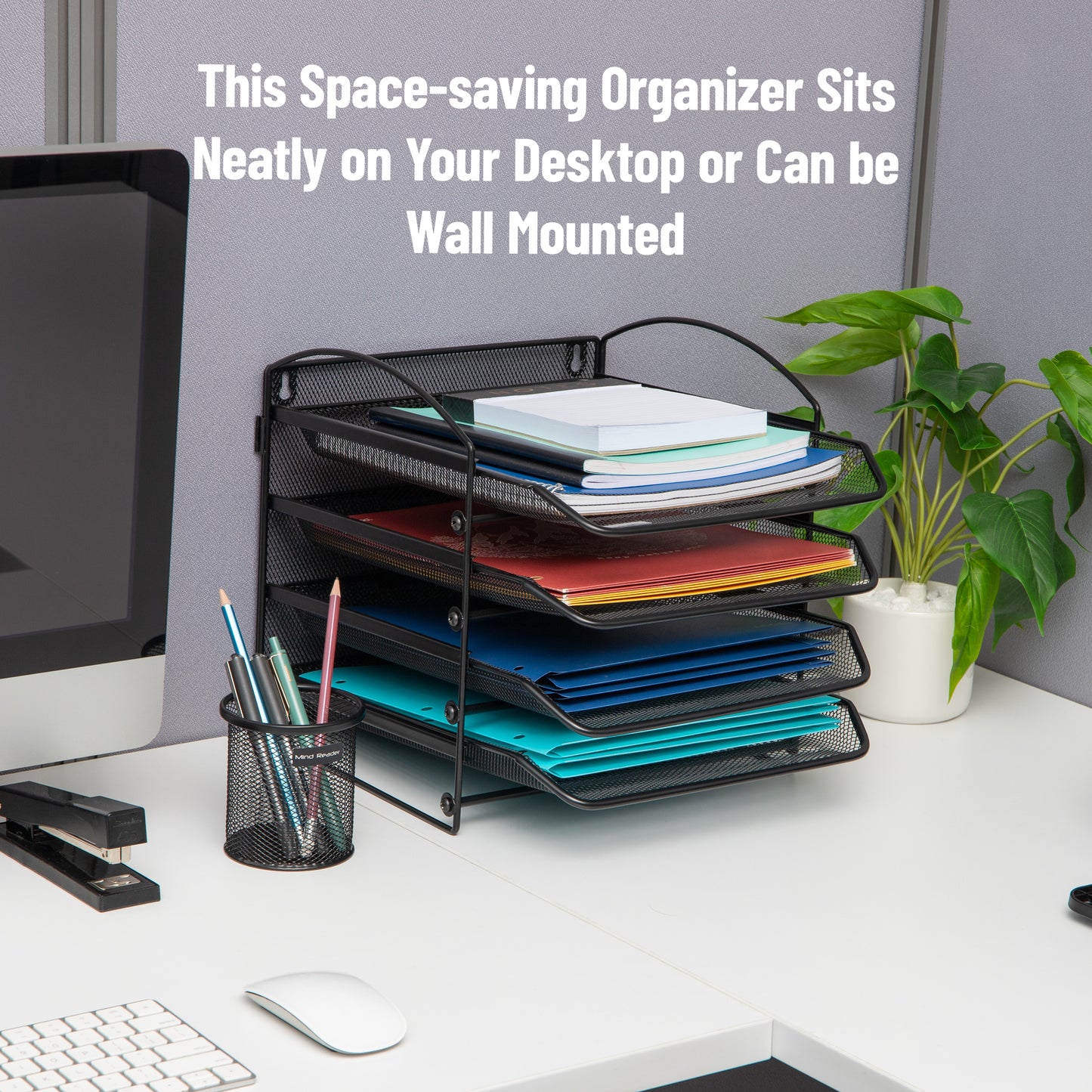 Mind Reader 3 or 4-Tier Paper Tray, Desktop Organizer, Wall Mountable, Office, Metal Mesh, Black