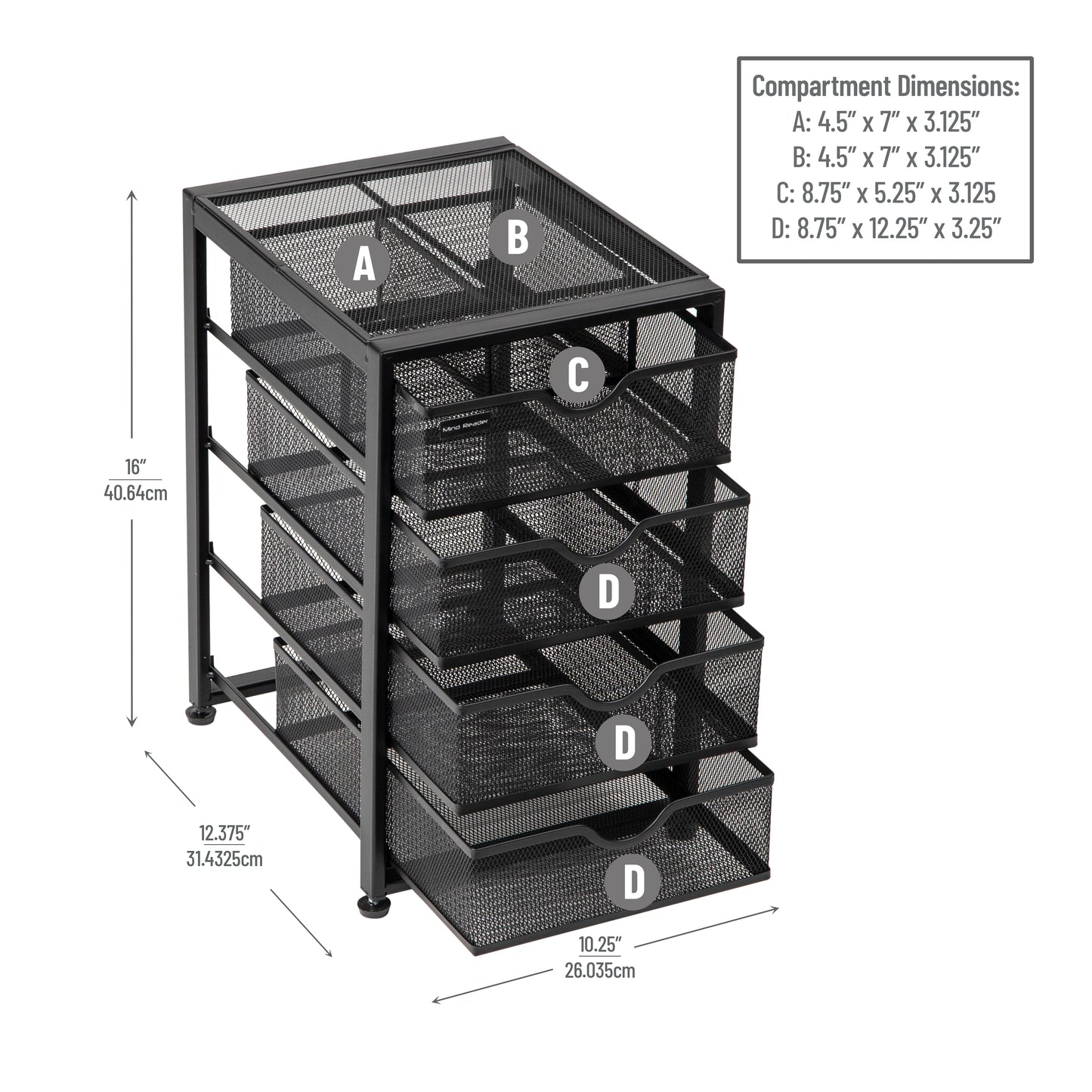 Mind Reader File Storage Drawers, Desktop Organizer, File Storage, Office, Metal Mesh, 10.25"L x 12.375"W x 16"H, Black