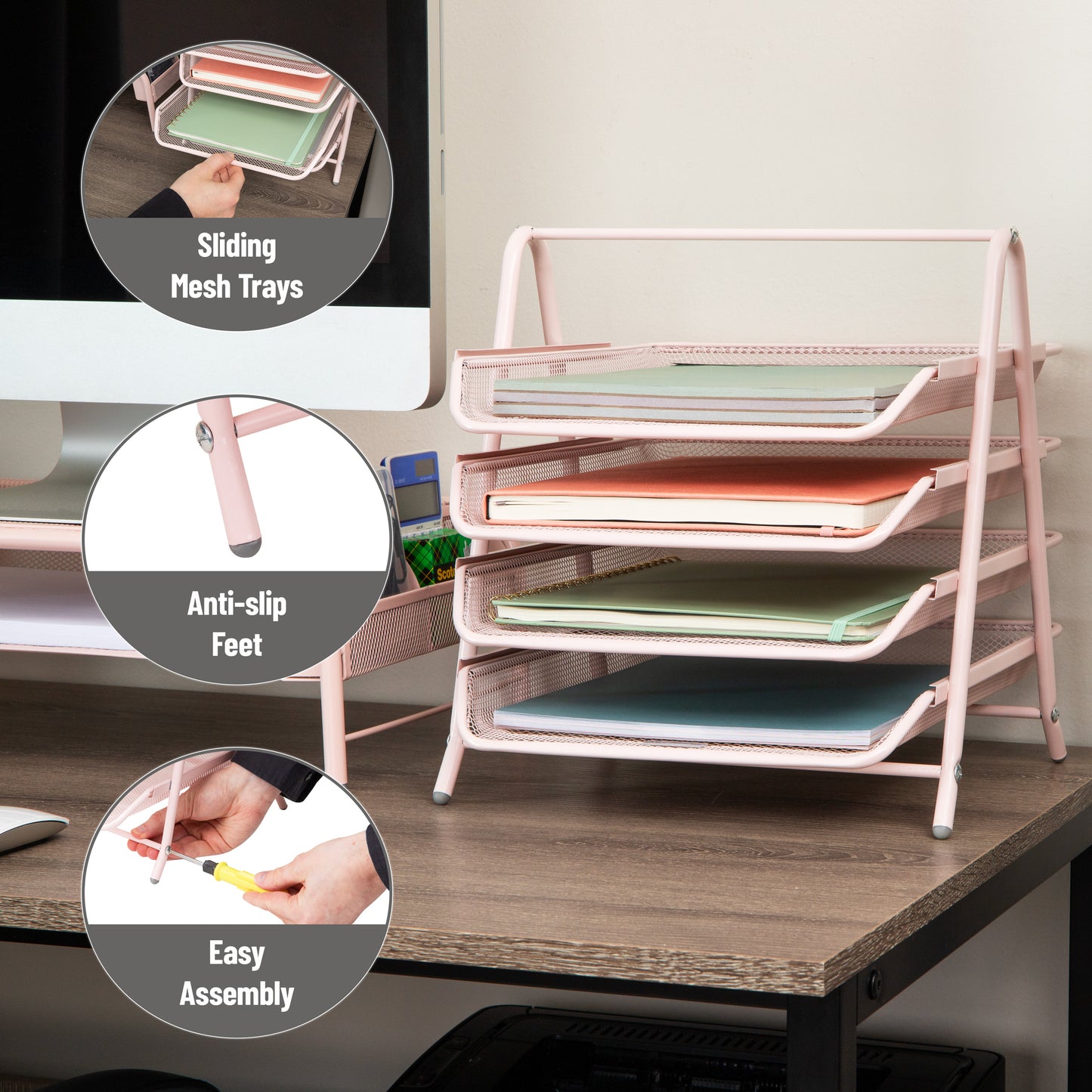 Mind Reader 4-Tier Paper Tray, Desktop Organizer, File Storage, Workspace, Office, Metal Mesh, 11.75"L x 13.75"W x 12.5"H