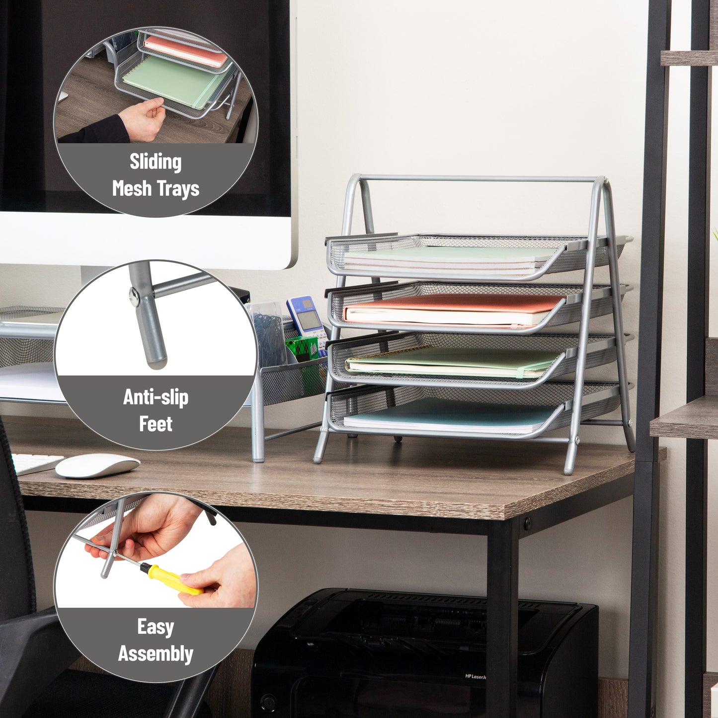 Mind Reader 4-Tier Paper Tray, Desktop Organizer, File Storage, Workspace, Office, Metal Mesh, 11.75"L x 13.75"W x 12.5"H
