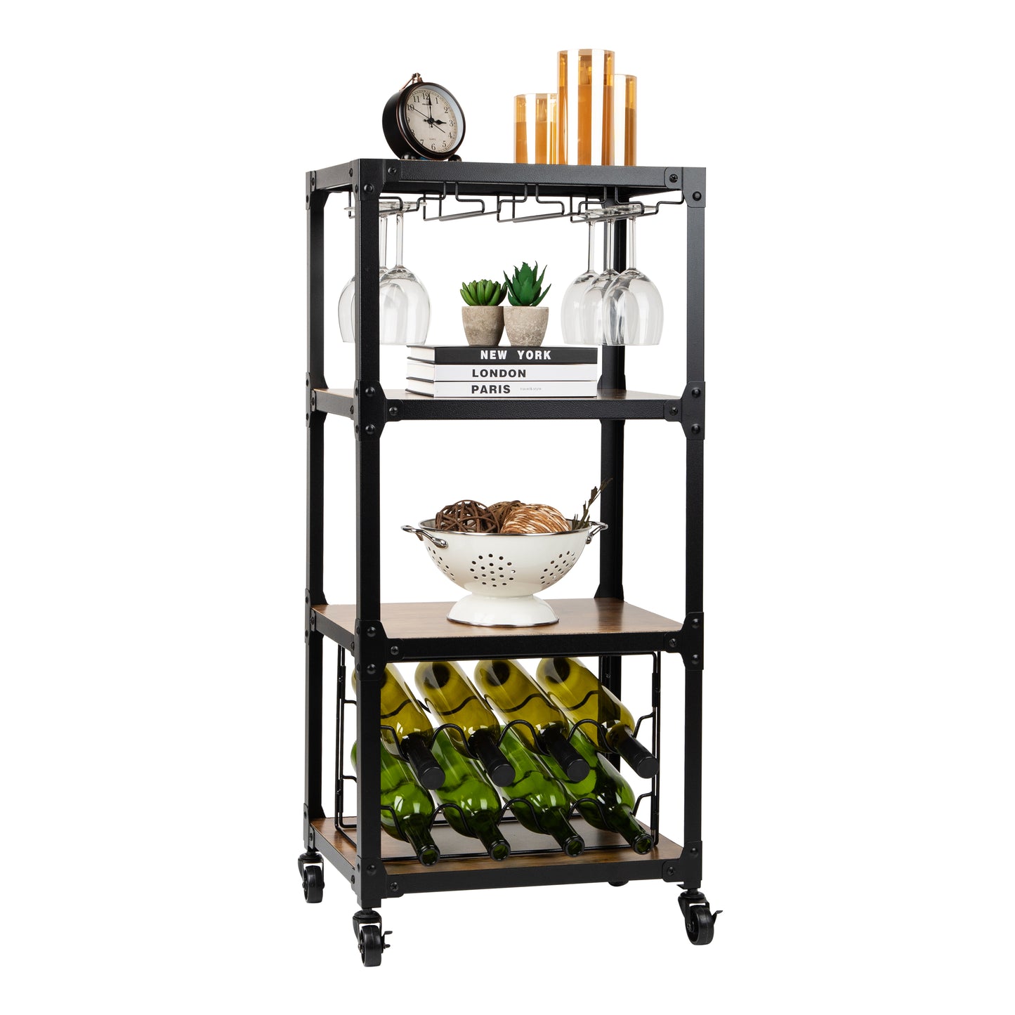 Mind Reader Bar Cart, Wine Rack, Kitchen Storage, Rolling, Utility Cart, Storage, Wood, Metal, 17.85"L x 12"W x 39"H, Brown