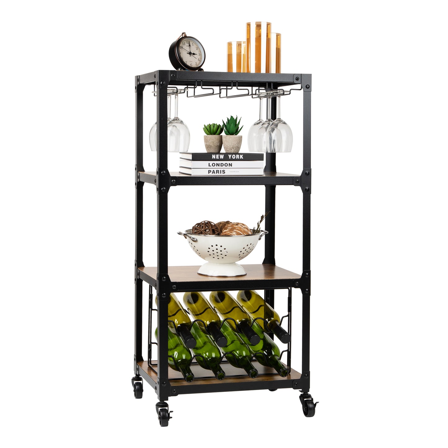 Mind Reader Woodland Collection, Rolling 4-Tier Cart with Stemware Rack and Wine Rack, Utility Cart, Bar Cart, Omnidirectional Smooth Gliding Lockable Wheels, Wood and Metal, Brown