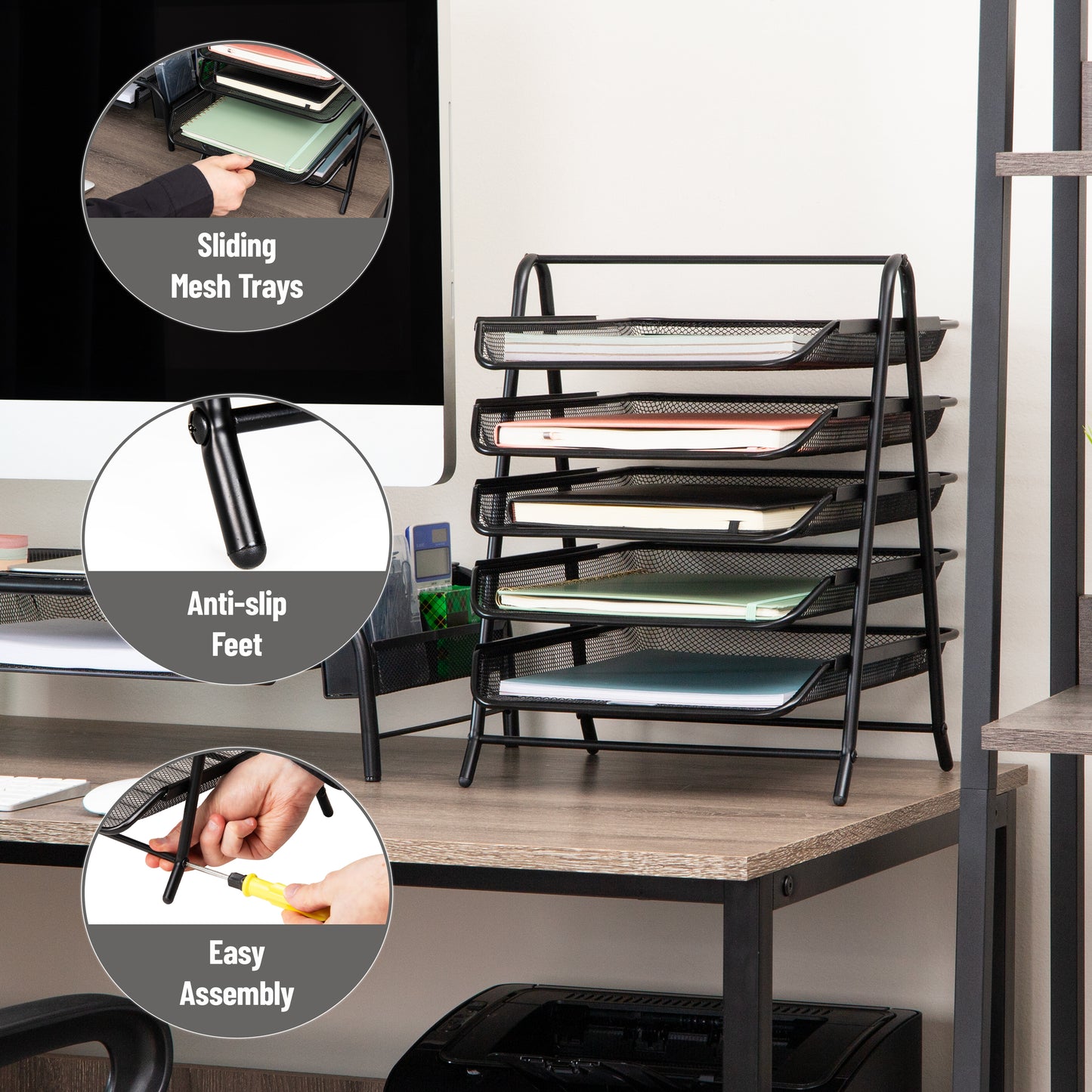 Mind Reader 5-Tier Paper Tray, Desktop Organizer, File Storage, Workspace, Office, Metal Mesh, 11.75"L x 14"W x 15"H