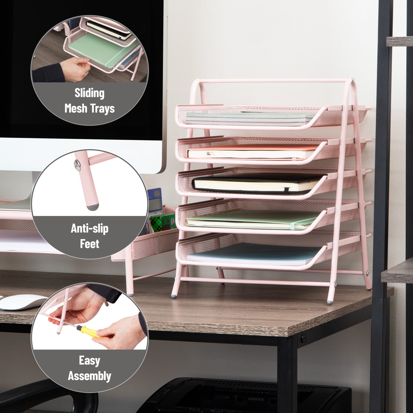 Mind Reader 5-Tier Paper Tray, Desktop Organizer, File Storage, Workspace, Office, Metal Mesh, 11.75"L x 14"W x 15"H