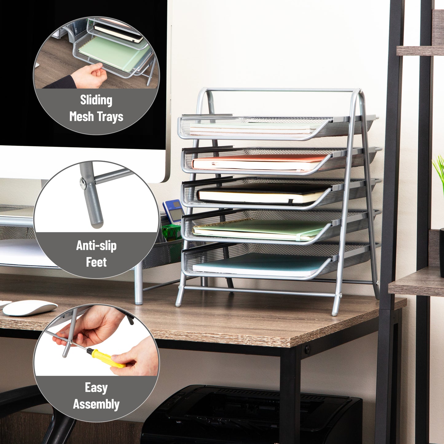 Mind Reader 5-Tier Paper Tray, Desktop Organizer, File Storage, Workspace, Office, Metal Mesh, 11.75"L x 14"W x 15"H