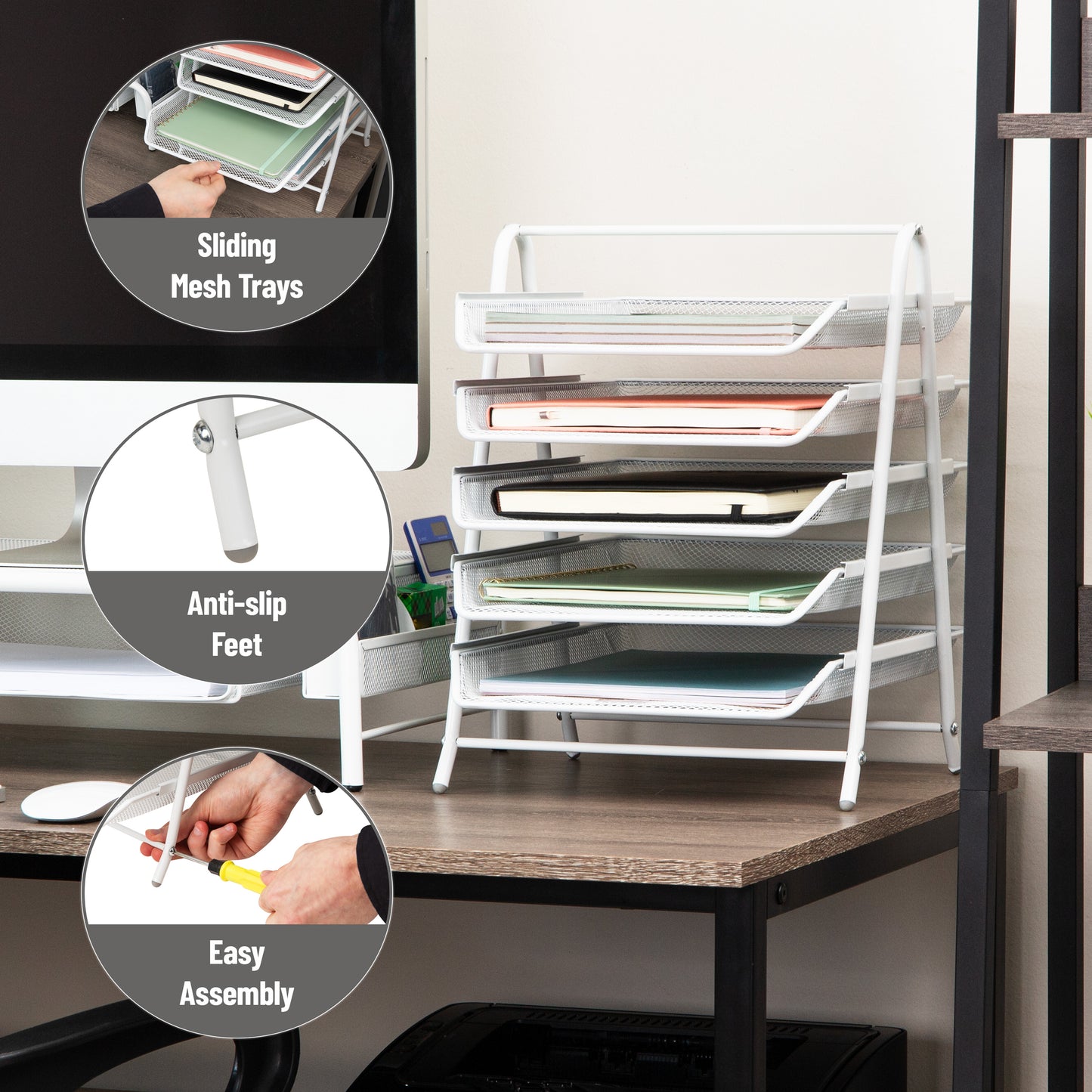 Mind Reader 5-Tier Paper Tray, Desktop Organizer, File Storage, Workspace, Office, Metal Mesh, 11.75"L x 14"W x 15"H