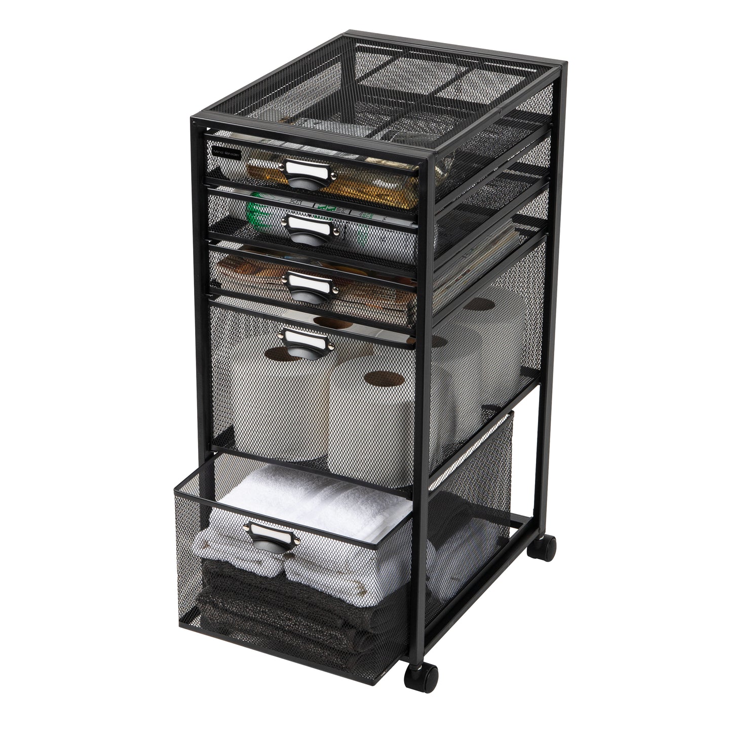 Mind Reader Multipurpose Rolling Storage Cart with Drawers, Office Organizer, Utility Cart, Metal Mesh, Black