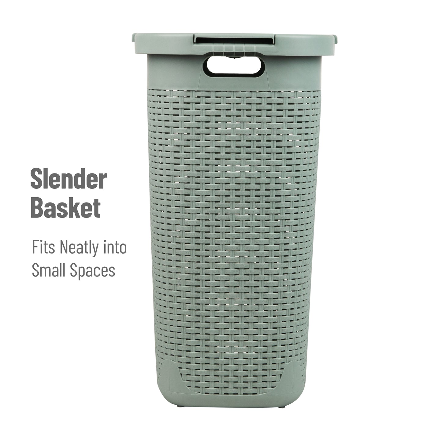 Mind Reader 60L Slim Laundry Hamper, Clothes Basket, Lid, Wicker Design, Plastic, 17.65"L x 13.75"W x 24.15"H