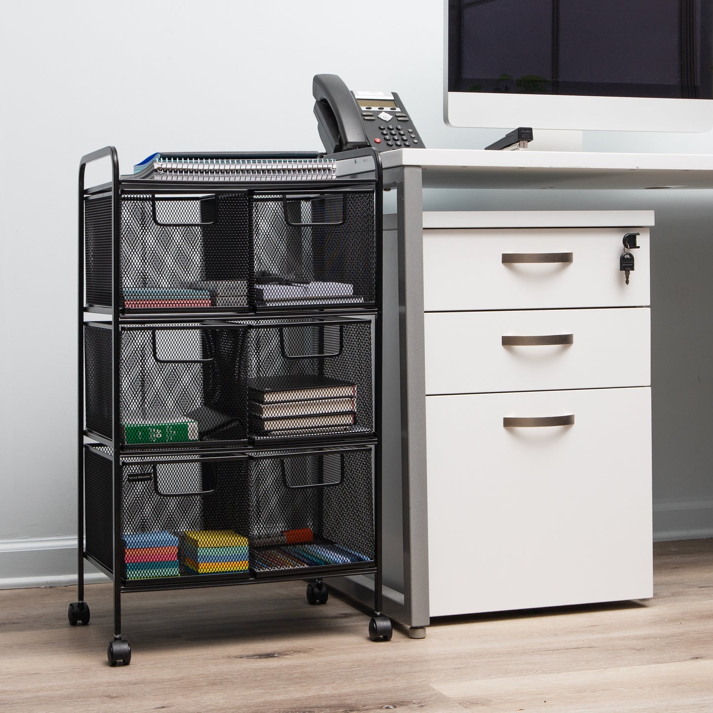 Mind Reader Multipurpose Rolling Cart with Drawers, Office Storage Organizer, Utility Cart, Metal Mesh, Black