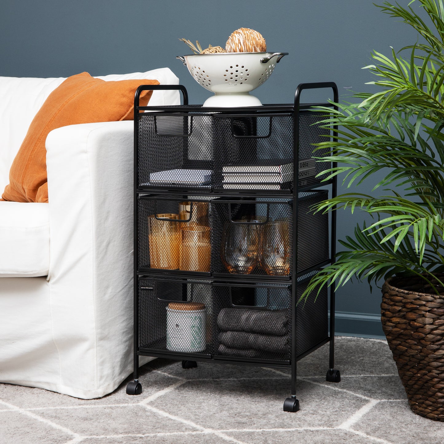 Mind Reader Multipurpose Rolling Cart with Drawers, Office Storage Organizer, Utility Cart, Metal Mesh, Black