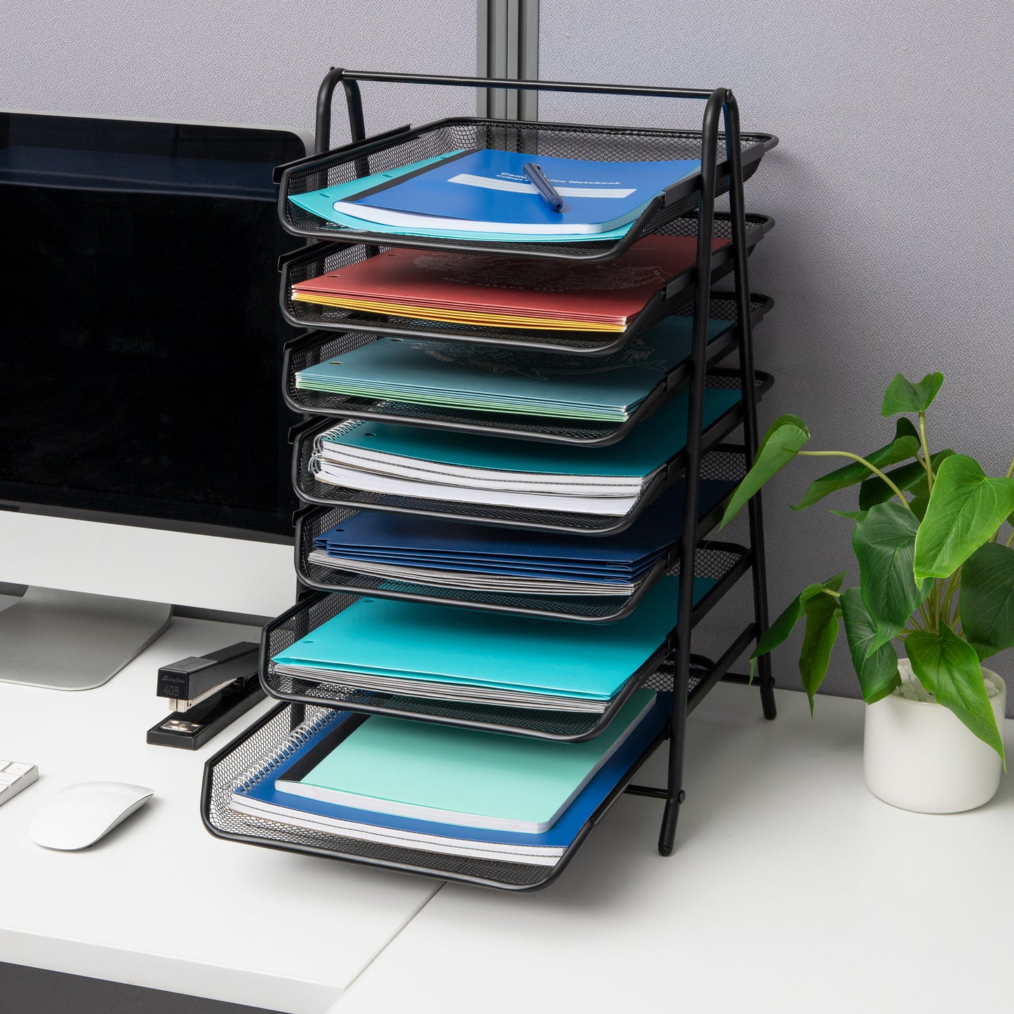 Mind Reader 7-Tier Paper Tray, Desktop Organizer, File Storage, Office, Metal Mesh, 11.75"L x 13.75"W x 20"H, Black