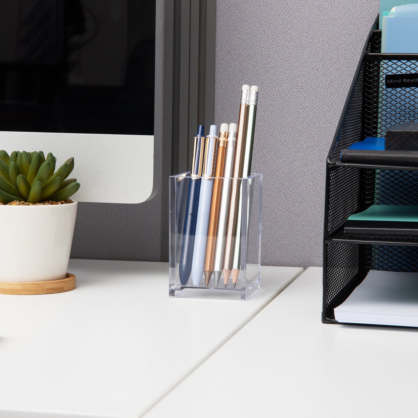 Mind Reader Pen Cup, Accessory Holder, Desktop Organization, Office, Acrylic, 2.5"L x 2.5"W x 4"H, Clear