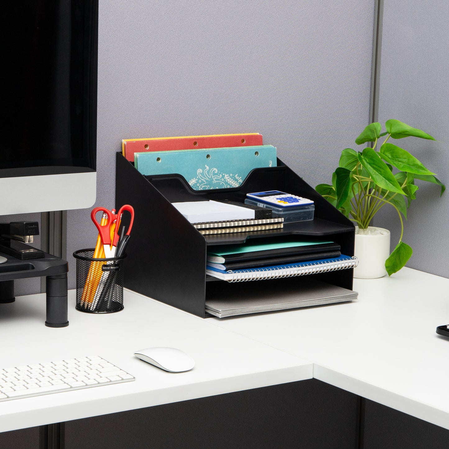 Mind Reader Desktop Organizer, Vertical File Holder, Paper Trays, Office, Plastic, 12.5"L x 11.75"W x 9.5"H, Beige