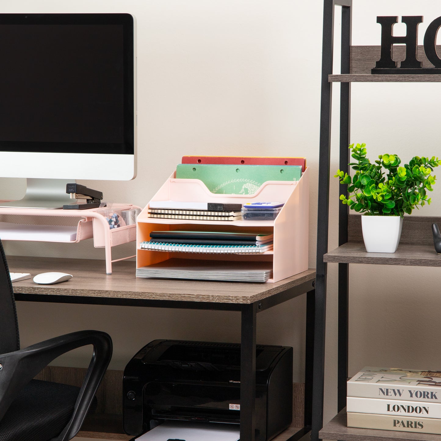 Mind Reader Desktop Organizer, Vertical File Holder, Paper Trays, Office, Plastic, 12.5"L x 11.75"W x 9.5"H, Beige