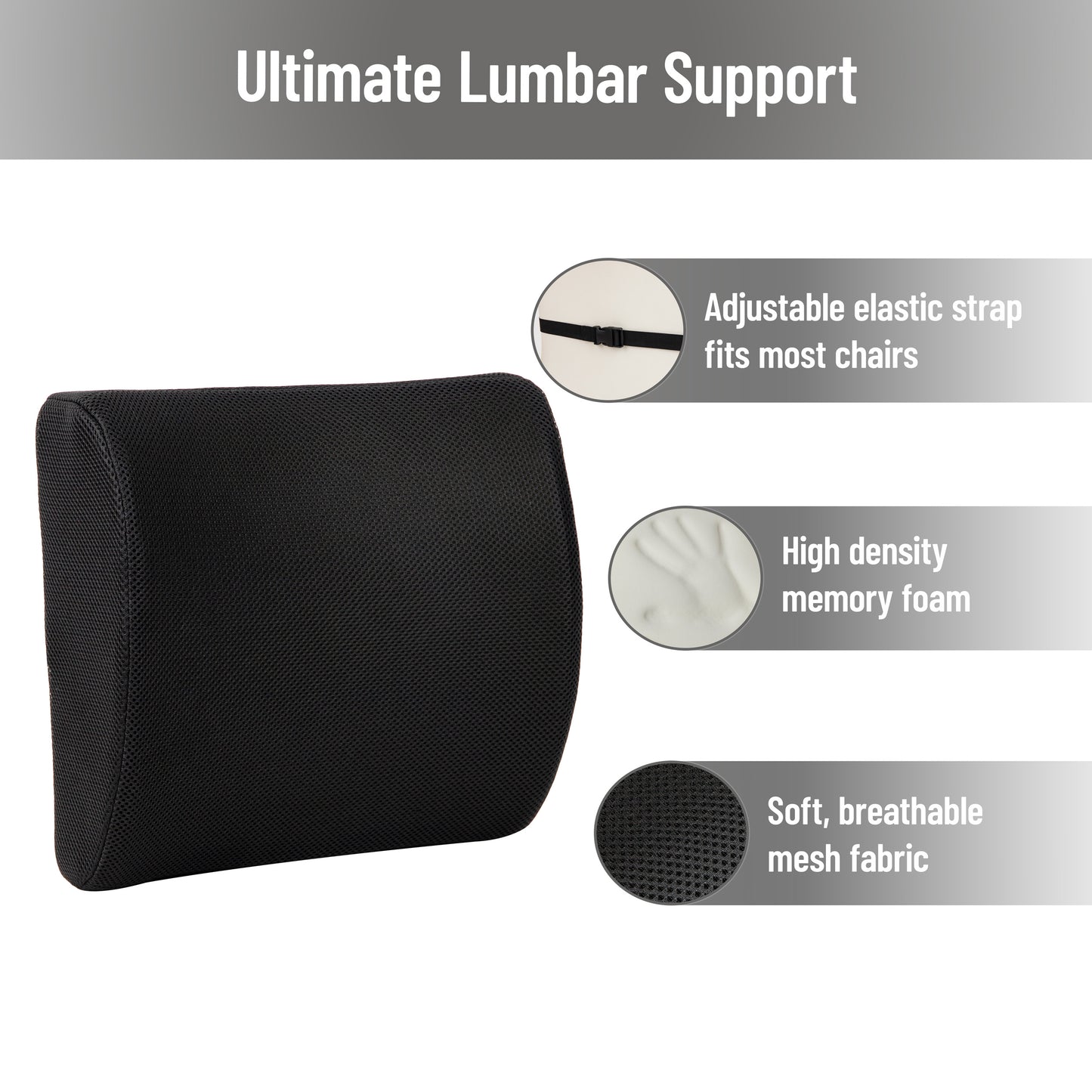 Mind Reader Lumbar Support Pillow with Air-Cloud Technology, Office Chair Back Cushion, Memory Foam, Black