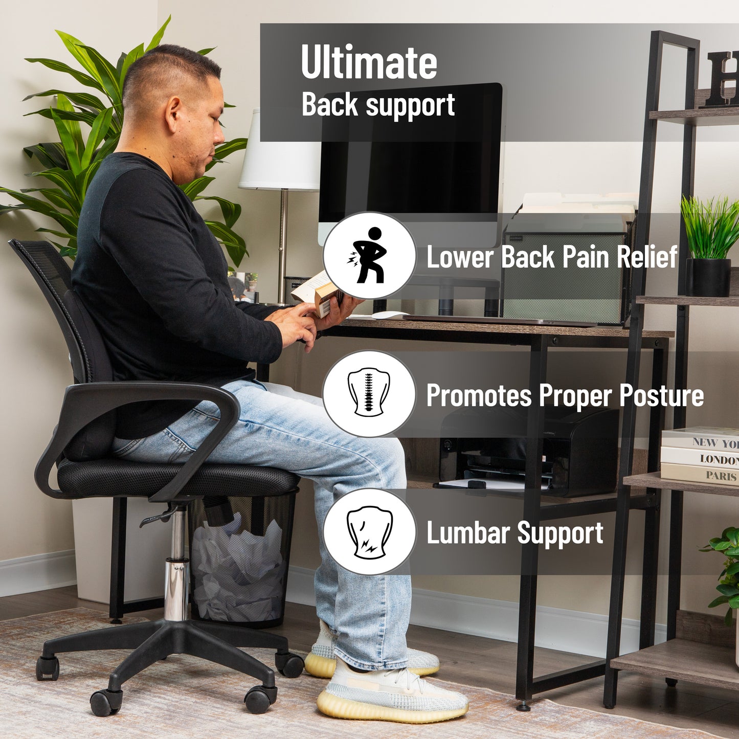 Mind Reader Lumbar Support Pillow with Air-Cloud Technology, Office Chair Back Cushion, Memory Foam, Black