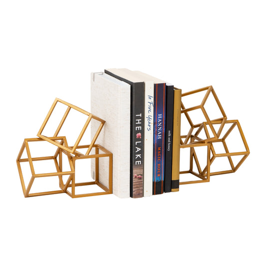 Mind Reader Decorative Geometric Cube Bookends, Modern Book Holders, Office Decor, Metal, Set of 2, Gold