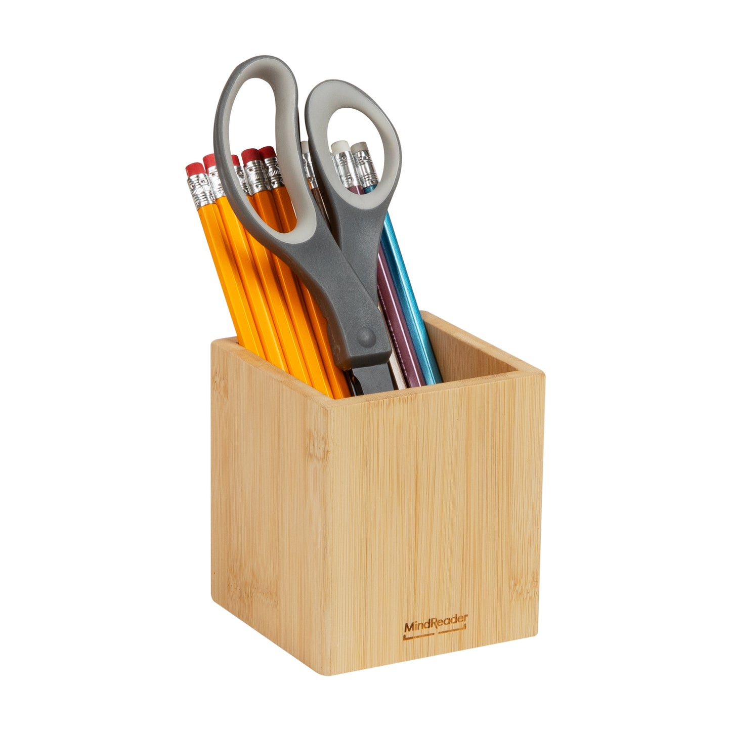 Mind Reader Pen Cup, Accessory Holder, Desktop Organization, Office, Bamboo, 3.5"L x 3.5"W x 3.875"H, Brown