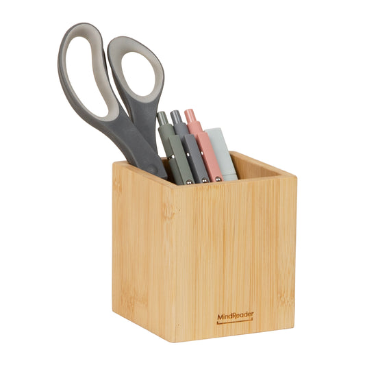 Mind Reader Pen Cup, Accessory Holder, Desktop Organization, Office, Bamboo, 3.5"L x 3.5"W x 3.875"H, Brown