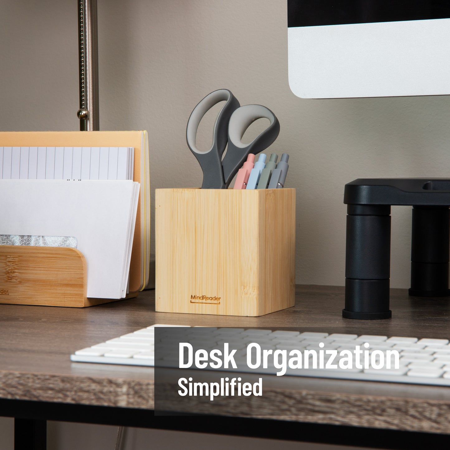 Mind Reader Pen Cup, Accessory Holder, Desktop Organization, Office, Bamboo, 3.5"L x 3.5"W x 3.875"H, Brown