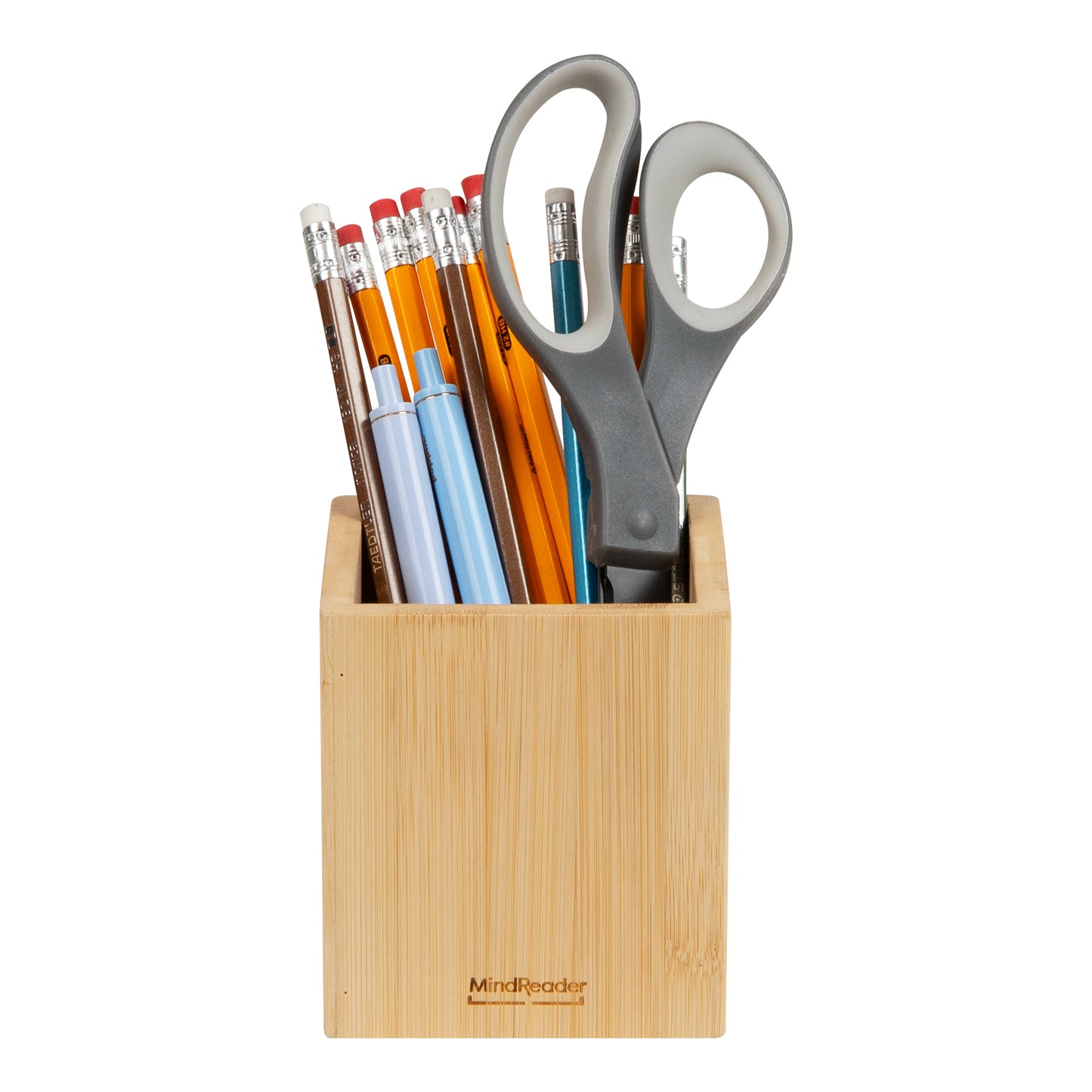 Mind Reader Pen Cup, Accessory Holder, Desktop Organization, Office, Bamboo, 3.5"L x 3.5"W x 3.875"H, Brown