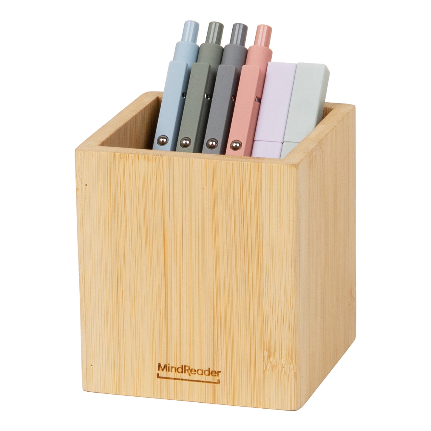 Mind Reader Pen Cup, Accessory Holder, Desktop Organization, Office, Bamboo, 3.5"L x 3.5"W x 3.875"H, Brown