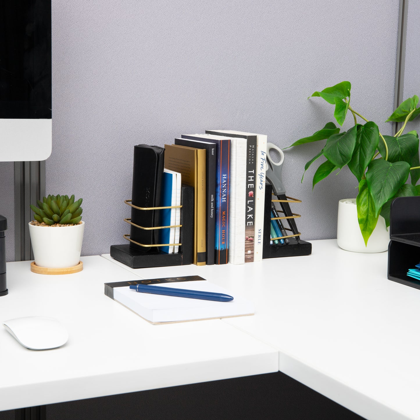 Mind Reader Decorative Basket Bookends, Office Decor with Storage, Wood and Metal, Set of 2, Black and Gold