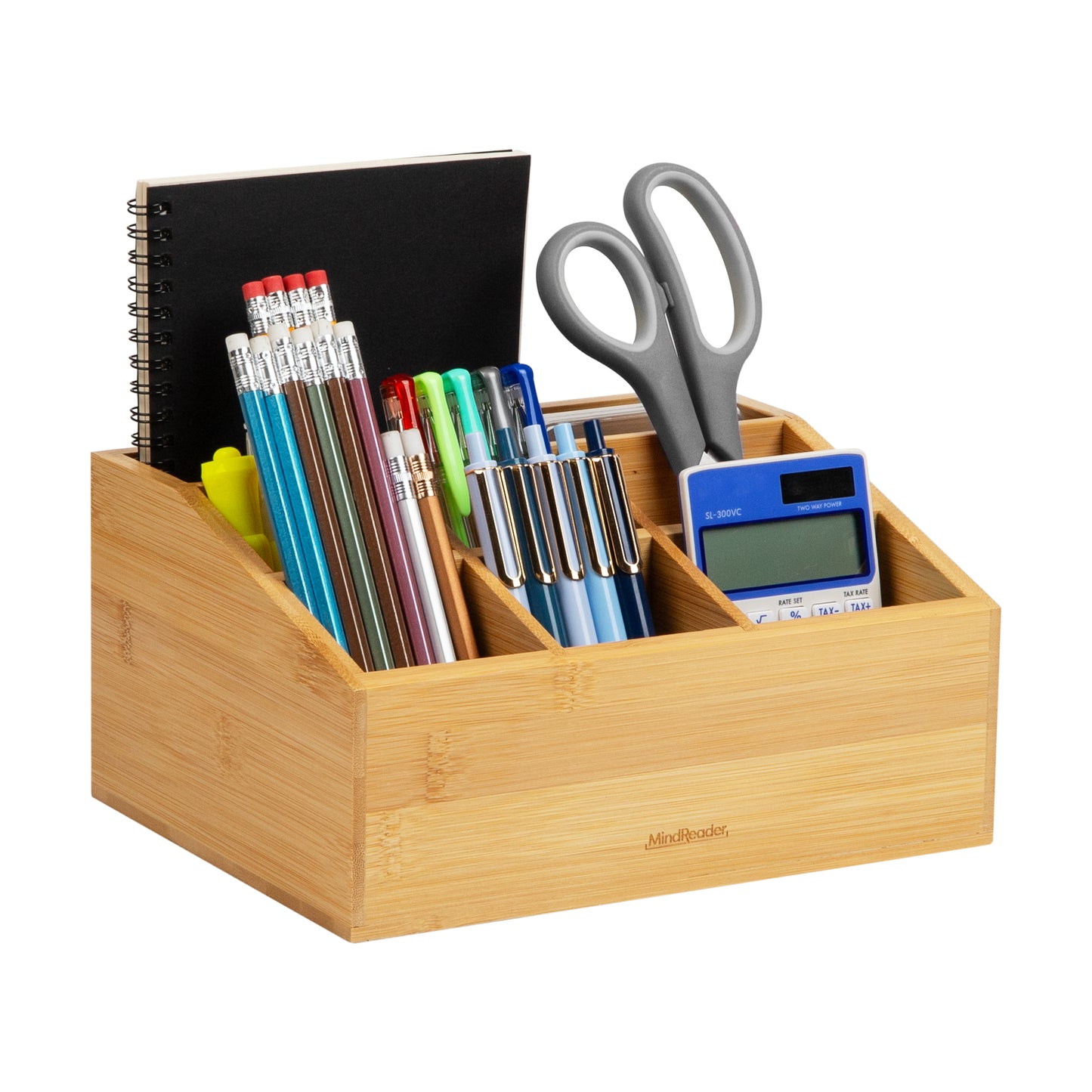 Mind Reader Desktop Organizer, 7-compartment, Office Essentials, Modern, Office, Bamboo, 9.25"L x 7.25"W x 4.5"H, Brown