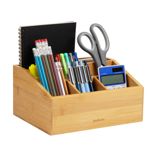 Mind Reader Desktop Organizer, 7-compartment, Office Essentials, Modern, Office, Bamboo, 9.25"L x 7.25"W x 4.5"H, Brown