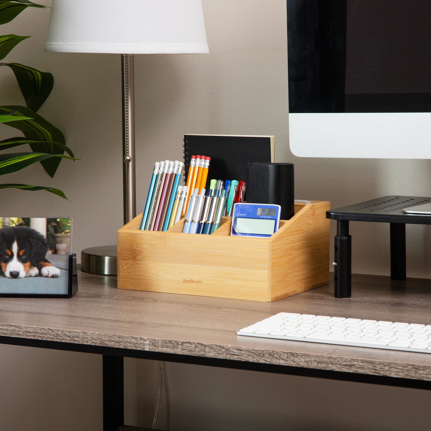 Mind Reader Desktop Organizer, 7-compartment, Office Essentials, Modern, Office, Bamboo, 9.25"L x 7.25"W x 4.5"H, Brown