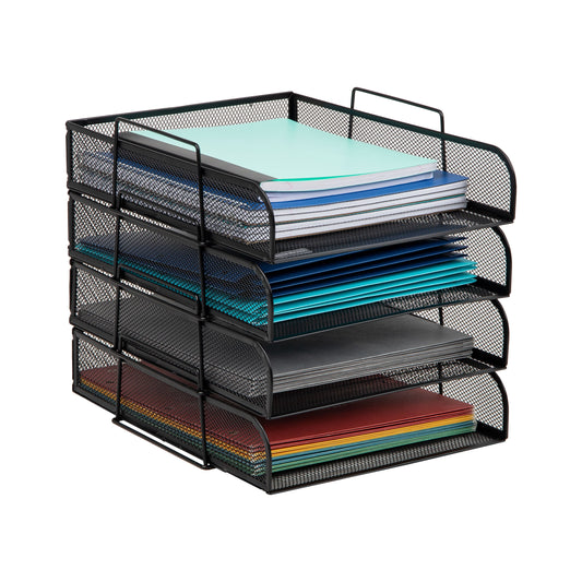 Mind Reader Stackable Paper Tray, Desktop Organizer, File Storage, Office, Metal Mesh, 10.5"L x13.5"W x11.25"H, 4 Pcs., Black