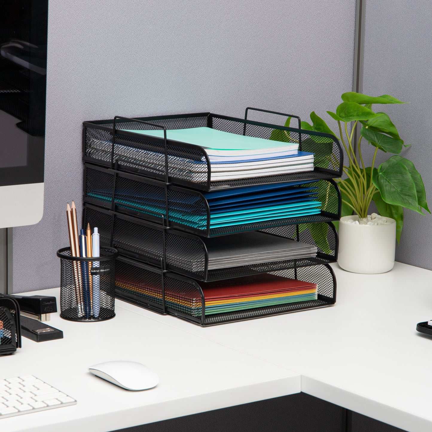 Mind Reader Stackable Paper Tray, Desktop Organizer, File Storage, Office, Metal Mesh, 10.5"L x13.5"W x11.25"H, 4 Pcs., Black