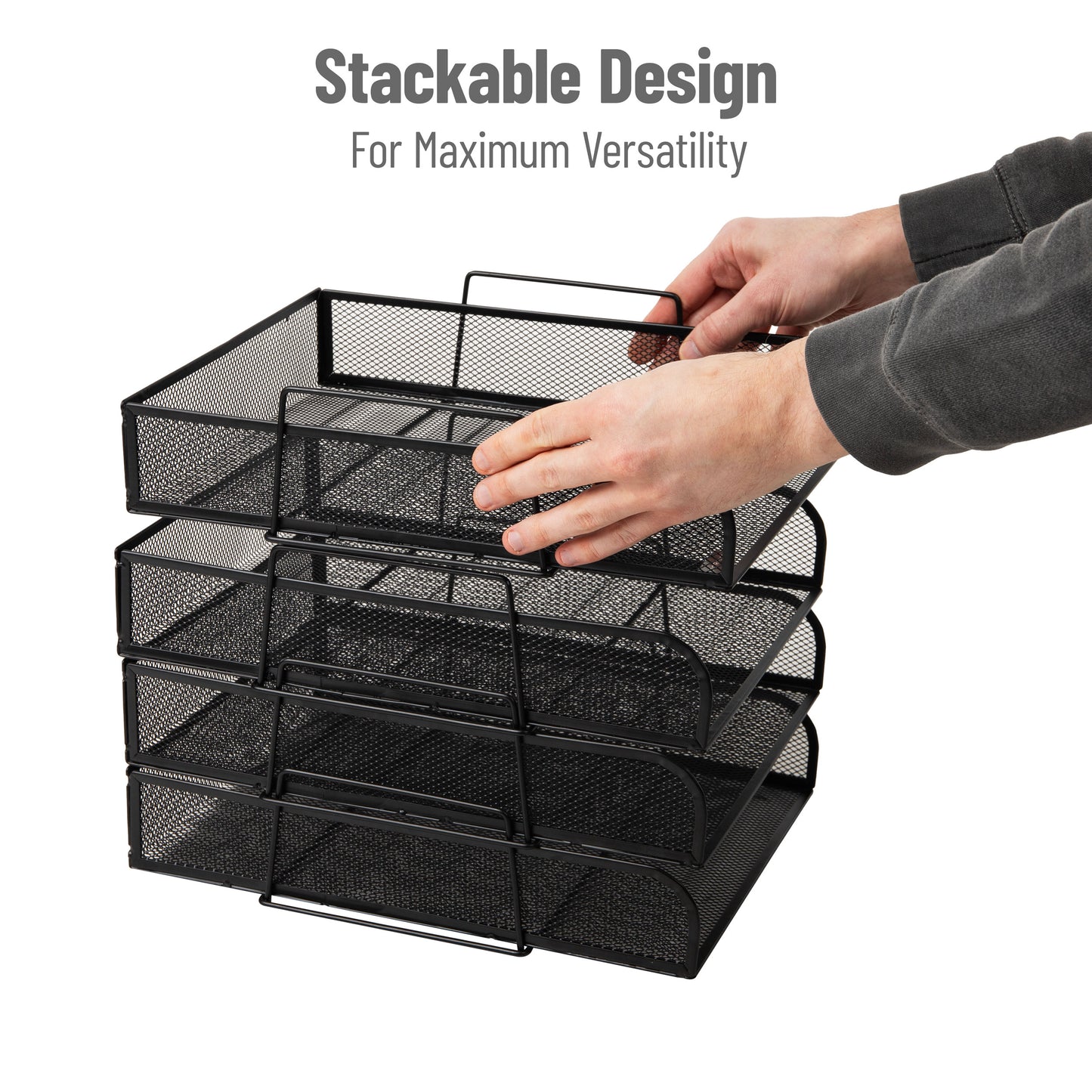 Mind Reader Stackable Paper Tray, Desktop Organizer, File Storage, Office, Metal Mesh, 10.5"L x13.5"W x11.25"H, 4 Pcs., Black