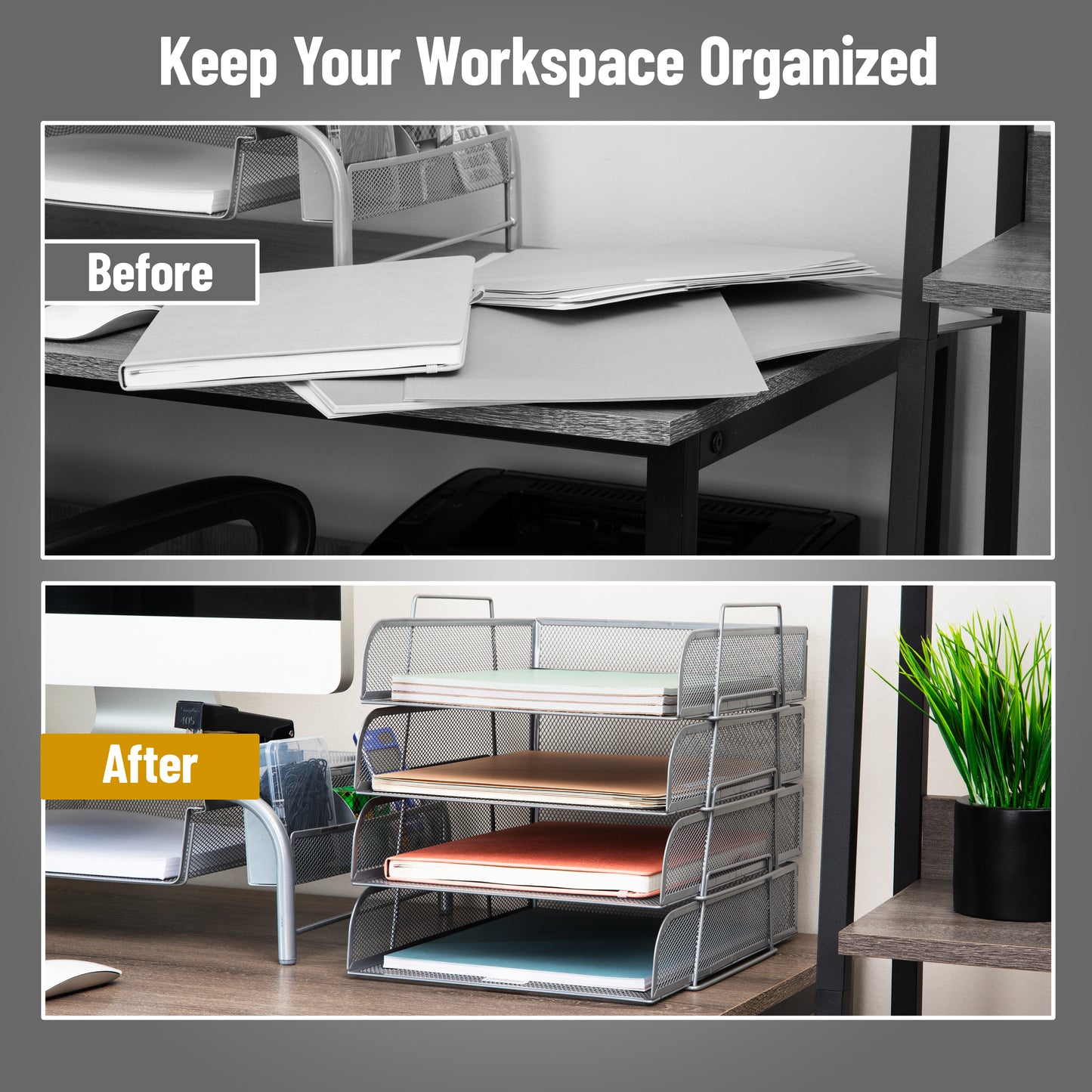 Mind Reader Stackable Paper Tray, Desktop Organizer, File Storage, Office, Metal Mesh, 10.5"L x13.5"W x11.25"H, 4 Pcs., Black