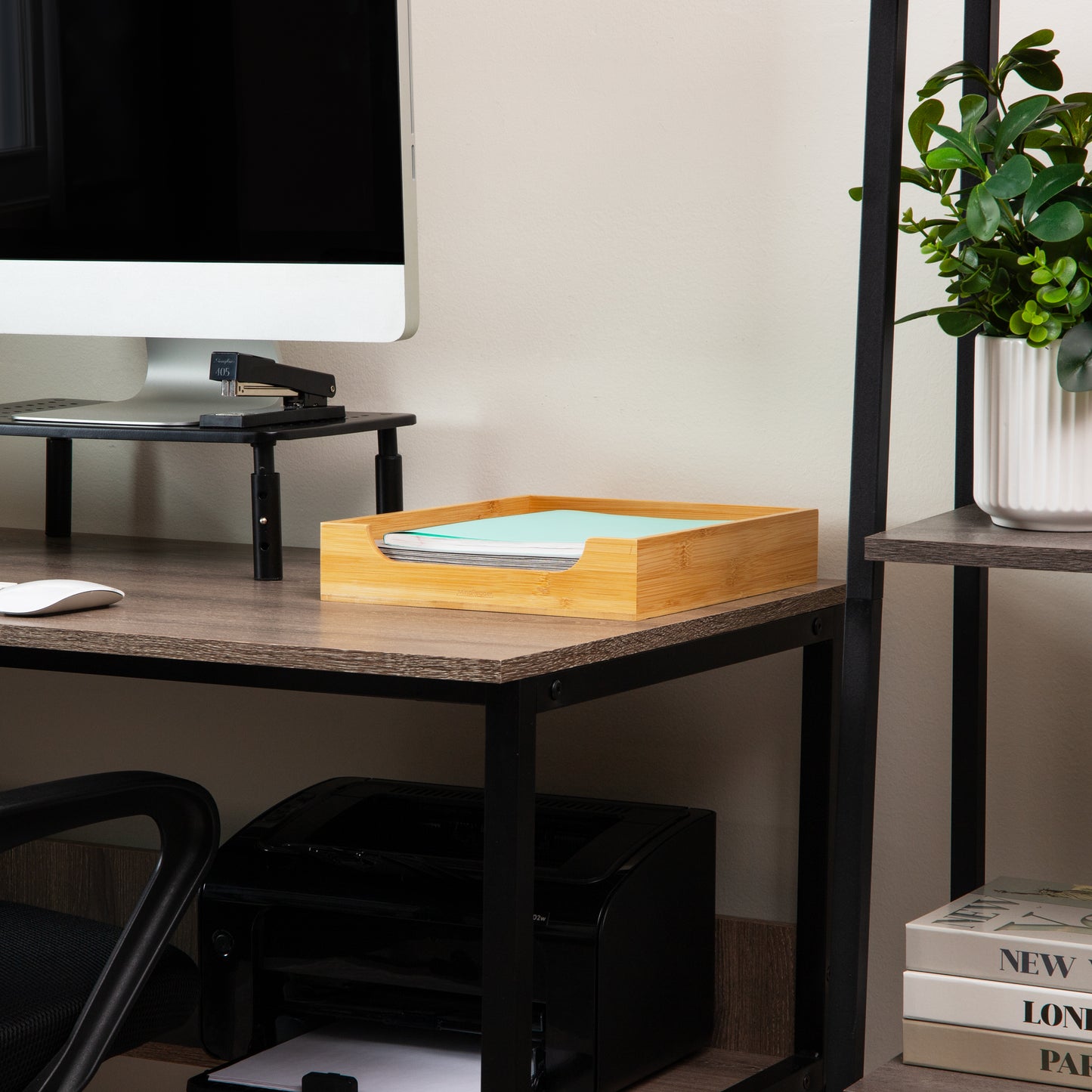 Mind Reader Paper Tray, Desktop Organizer, File Storage, Modern, Office, Bamboo, 10.25"L x 12.5"W x 2.25"H, Brown