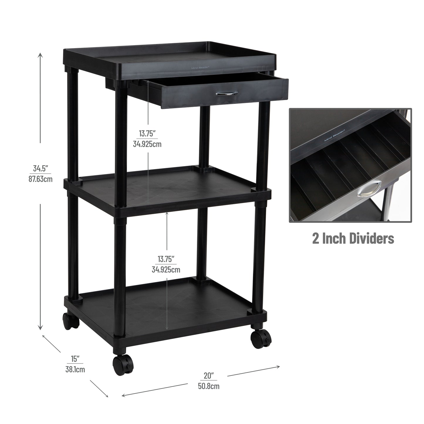 Mind Reader Bar Cart, Rolling, Utility Cart, 3-Tier, Coffee Cart, Bathroom, Kitchen, Plastic, 20"L x 15"W x 34.5"H, Black