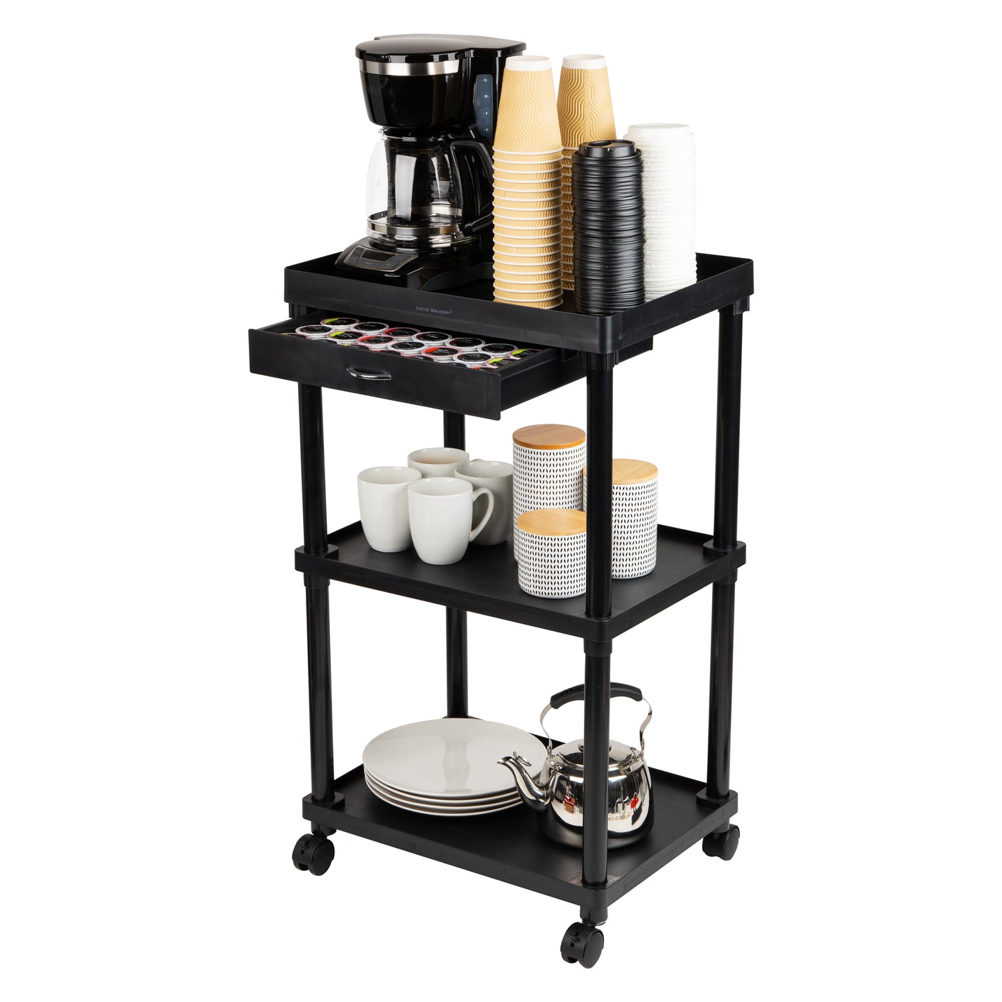 Mind Reader Bar Cart, Rolling, Utility Cart, 3-Tier, Coffee Cart, Bathroom, Kitchen, Plastic, 20"L x 15"W x 34.5"H, Black