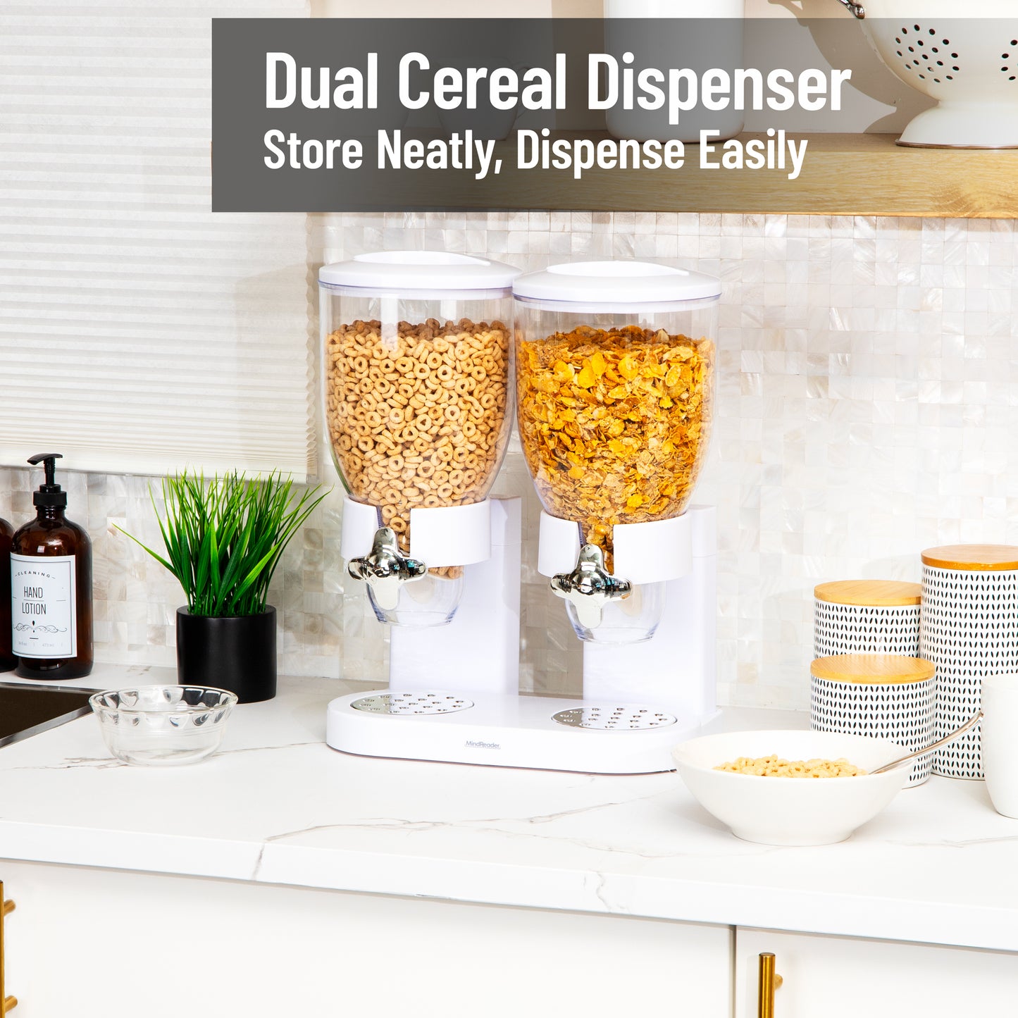 Mind Reader Double Cereal Dispenser for Countertop, 2 x 2L Airtight Containers, Rotating Dry Food Dispenser for Cereal, Rice, Candy, Coffee Beans, White