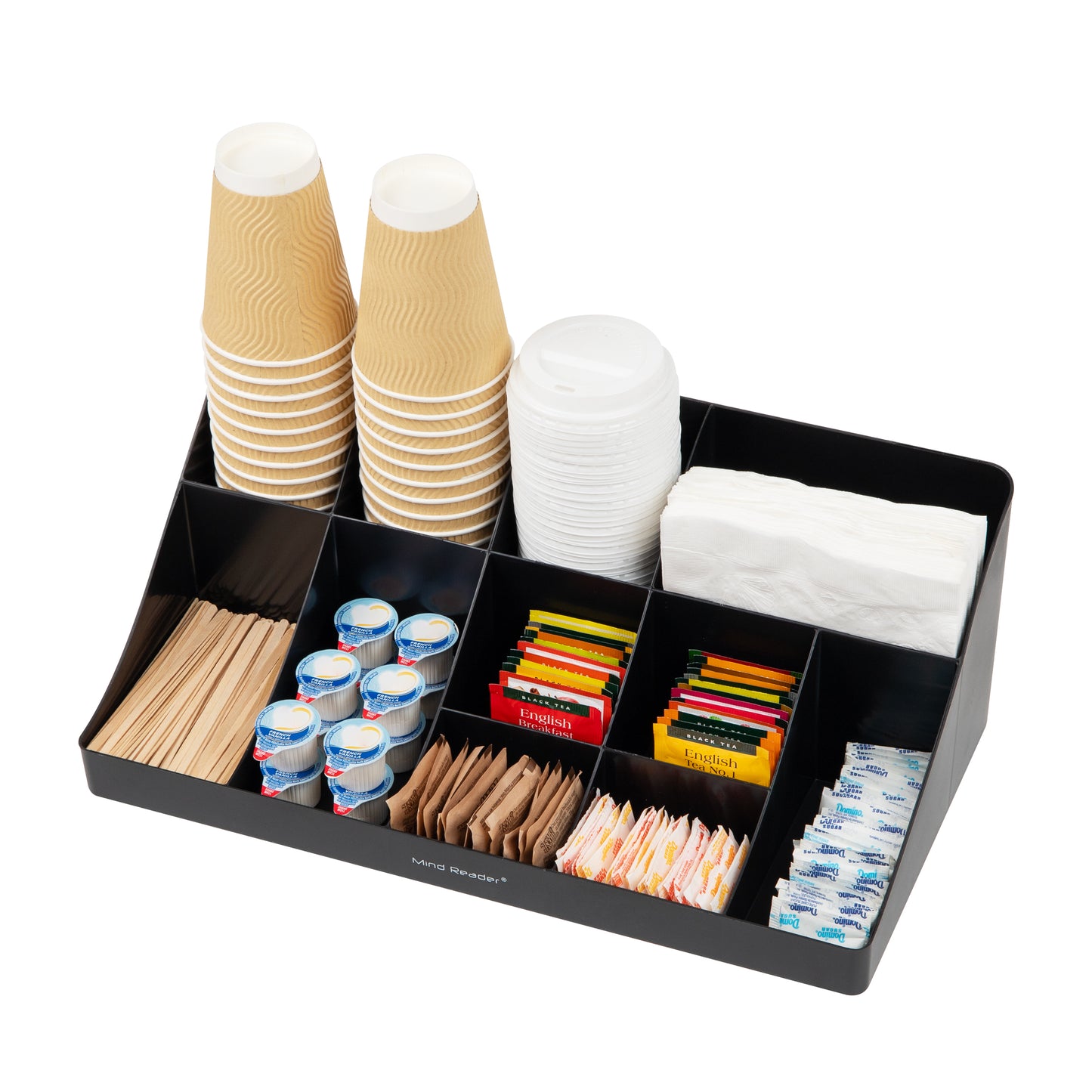 Mind Reader Cup and Condiment Station, Countertop Organizer, Coffee Bar, Kitchen, Stirrers, 17.875"L x 9.5"W x 6.625"H