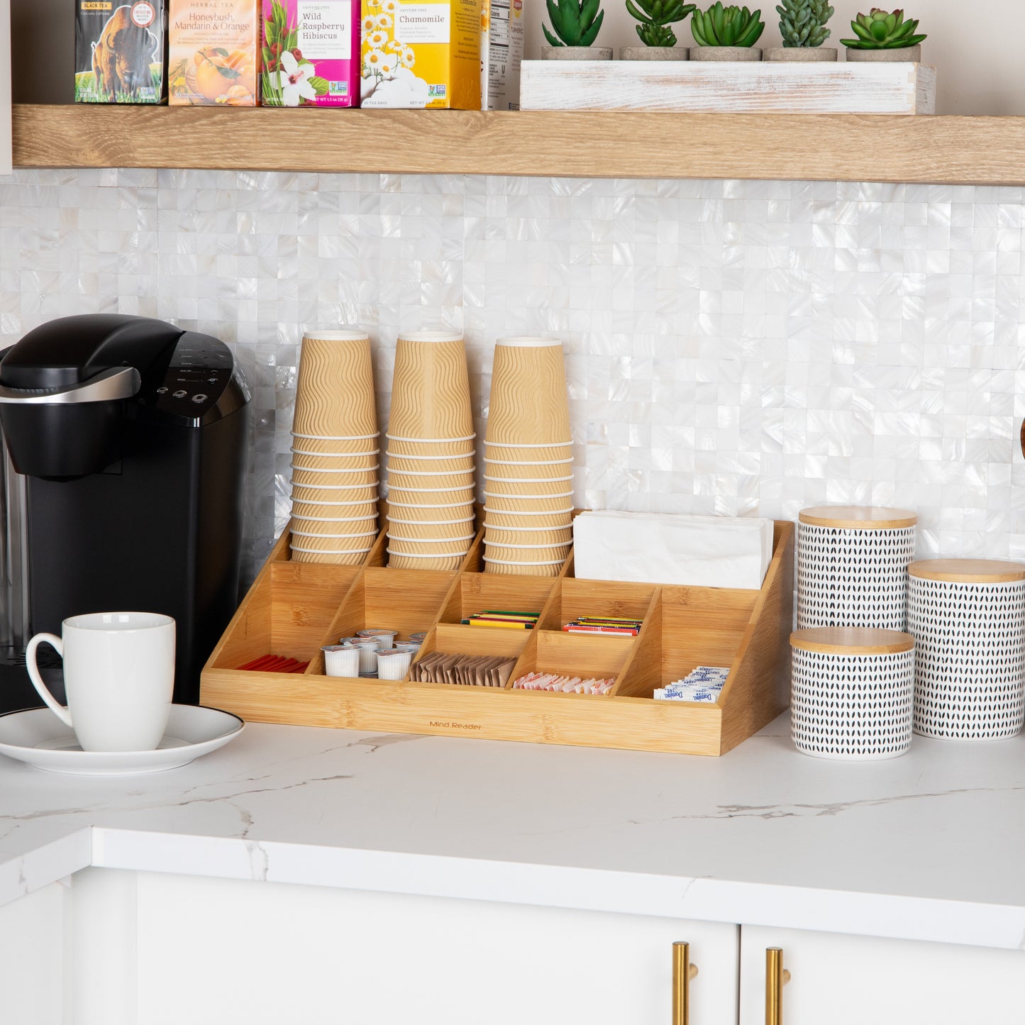 Mind Reader Cup and Condiment Station, Countertop Org, Coffee Bar, Rayon from Bamboo Cup, 18.125"L x 9.5"W x 6.5"H, Brown