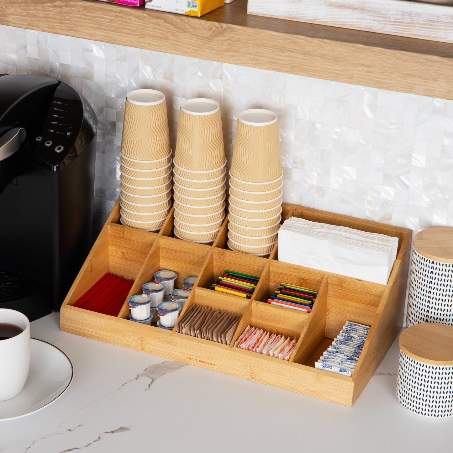 Mind Reader Cup and Condiment Station, Countertop Org, Coffee Bar, Rayon from Bamboo Cup, 18.125"L x 9.5"W x 6.5"H, Brown