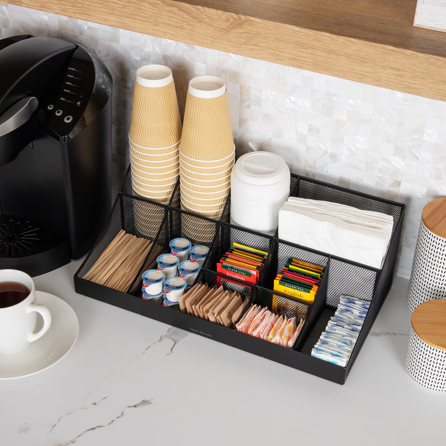 Mind Reader Countertop Organizer, 2-Tier Office Breakroom Supply Caddy, Metal Mesh, Black