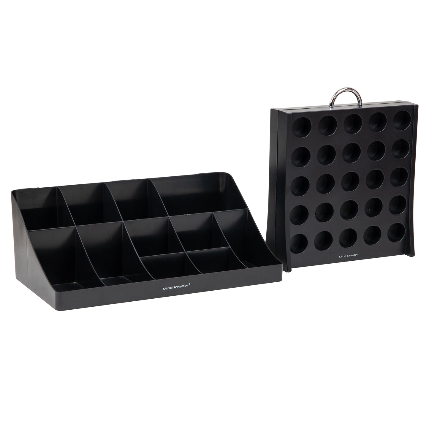 Mind Reader Anchor Collection, 15-Compartment, 2-Tier Cup and Condiment Storage, 17.875"L x 9.5"W x 6.625"H, and Double-Sided Single Serve Coffee Pod Storage, 50 Pod Capacity, 12"L x 4"W x 14"H, Countertop Set, Black