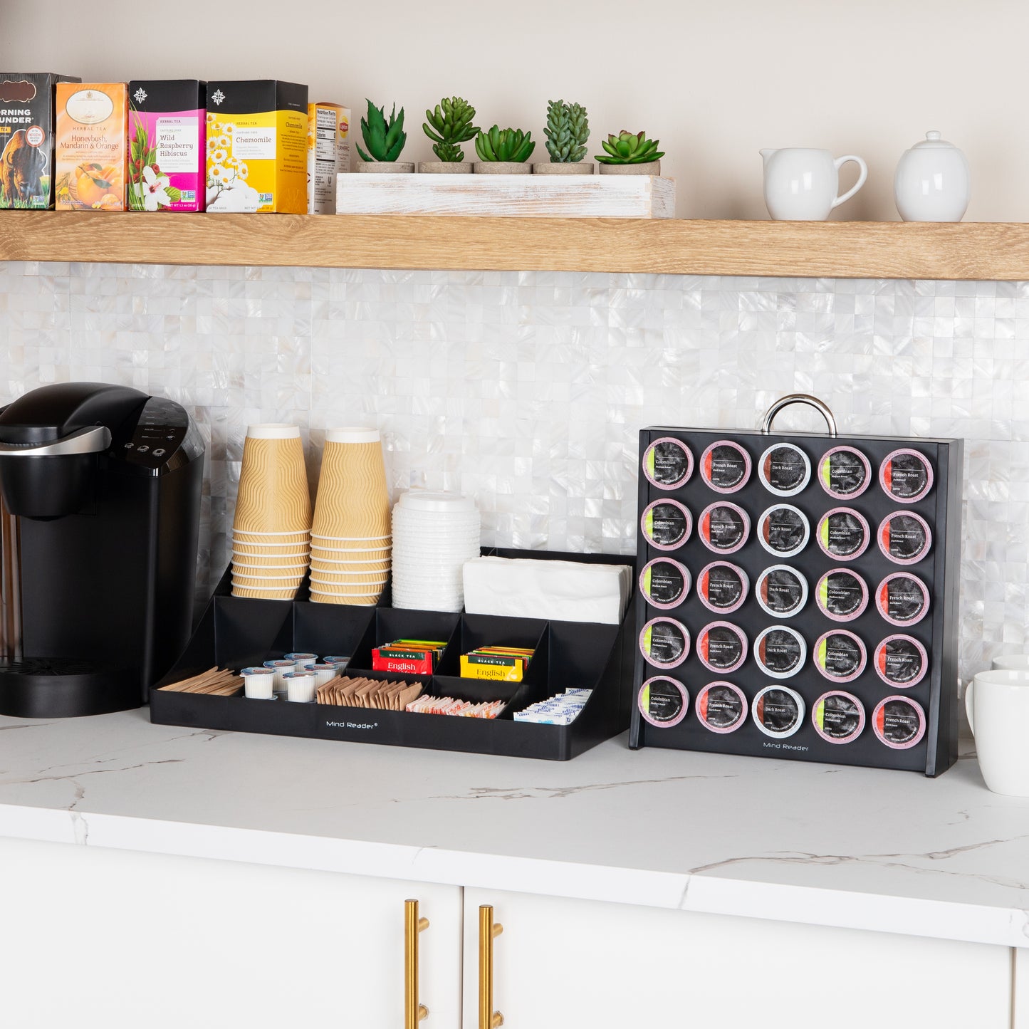 Mind Reader Anchor Collection, 15-Compartment, 2-Tier Cup and Condiment Storage, 17.875"L x 9.5"W x 6.625"H, and Double-Sided Single Serve Coffee Pod Storage, 50 Pod Capacity, 12"L x 4"W x 14"H, Countertop Set, Black