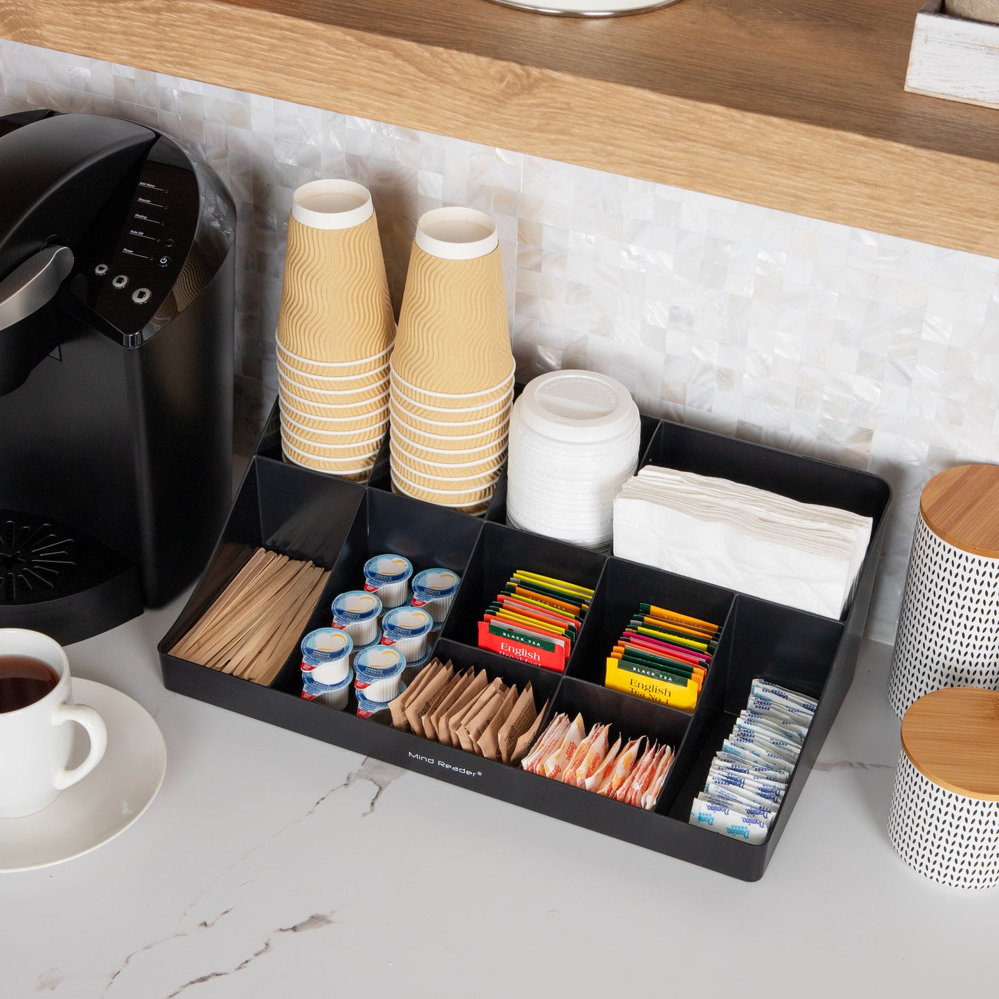 Mind Reader Anchor Collection, 15-Compartment, 2-Tier Cup and Condiment Storage, 17.875"L x 9.5"W x 6.625"H, and Double-Sided Single Serve Coffee Pod Storage, 50 Pod Capacity, 12"L x 4"W x 14"H, Countertop Set, Black