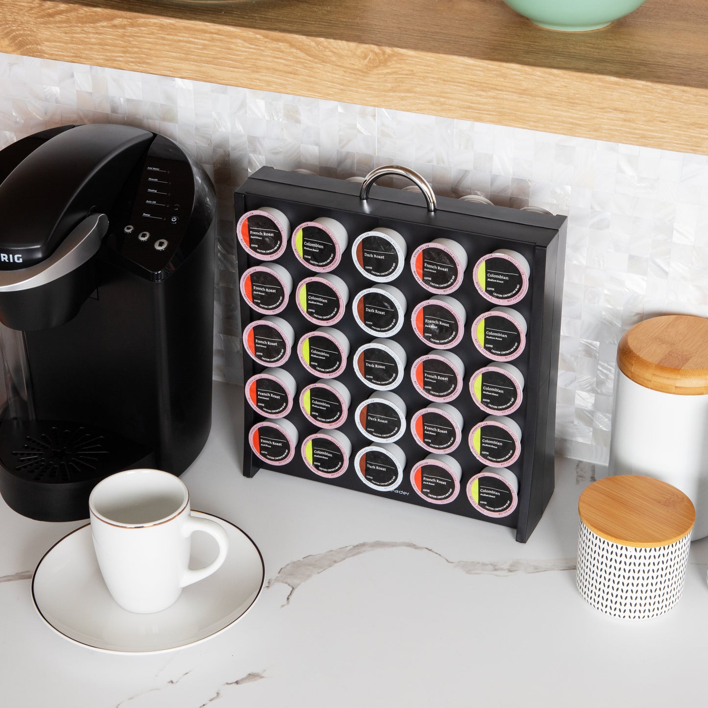 Mind Reader Anchor Collection, 15-Compartment, 2-Tier Cup and Condiment Storage, 17.875"L x 9.5"W x 6.625"H, and Double-Sided Single Serve Coffee Pod Storage, 50 Pod Capacity, 12"L x 4"W x 14"H, Countertop Set, Black