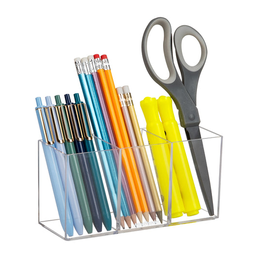 Mind Reader Pen and Accessories Holder, Desktop Organizer, Makeup Organizer, Office, Acrylic, 7"L x 2.5"W x 3.5"H, Clear