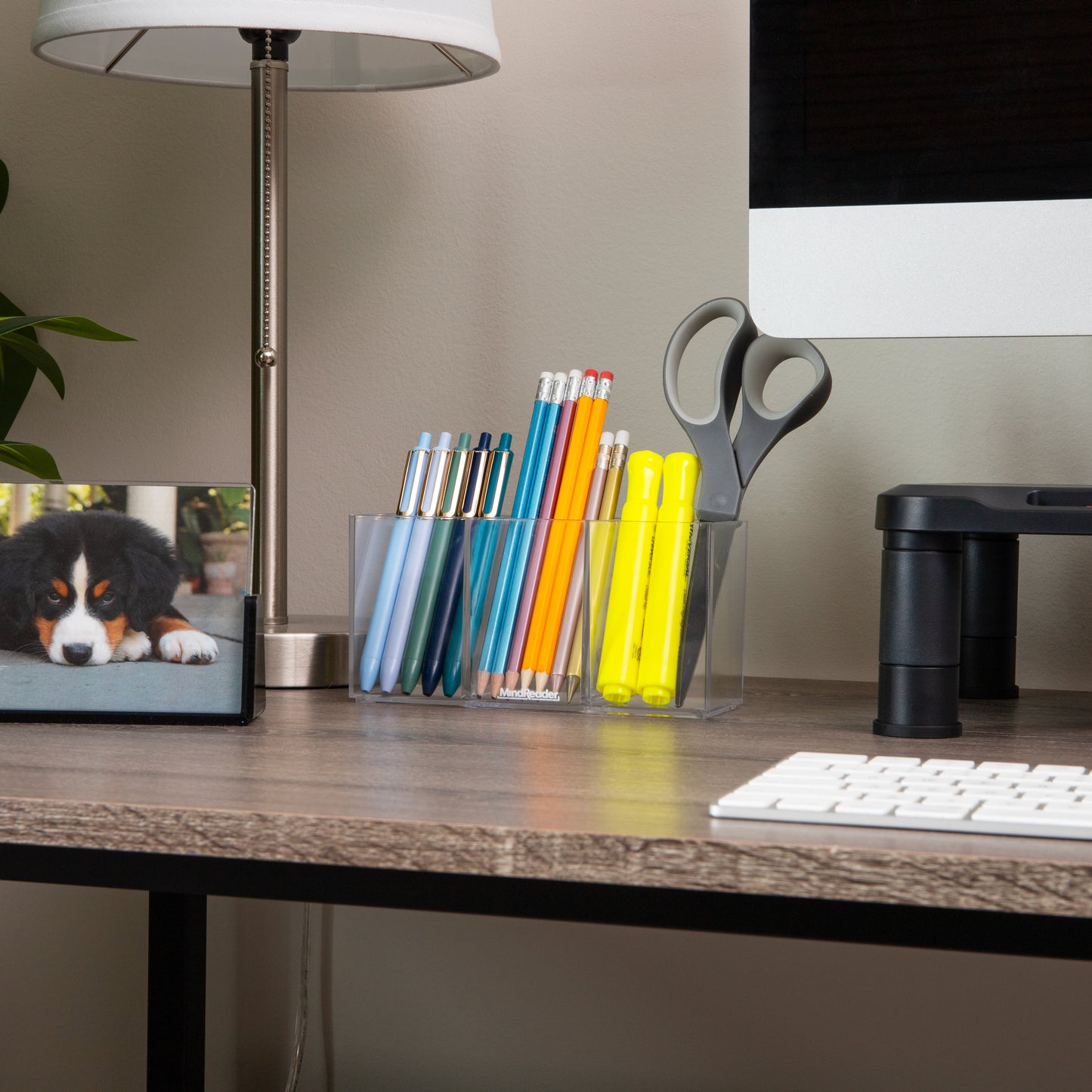 Mind Reader Pen and Accessories Holder, Desktop Organizer, Makeup Organizer, Office, Acrylic, 7"L x 2.5"W x 3.5"H, Clear